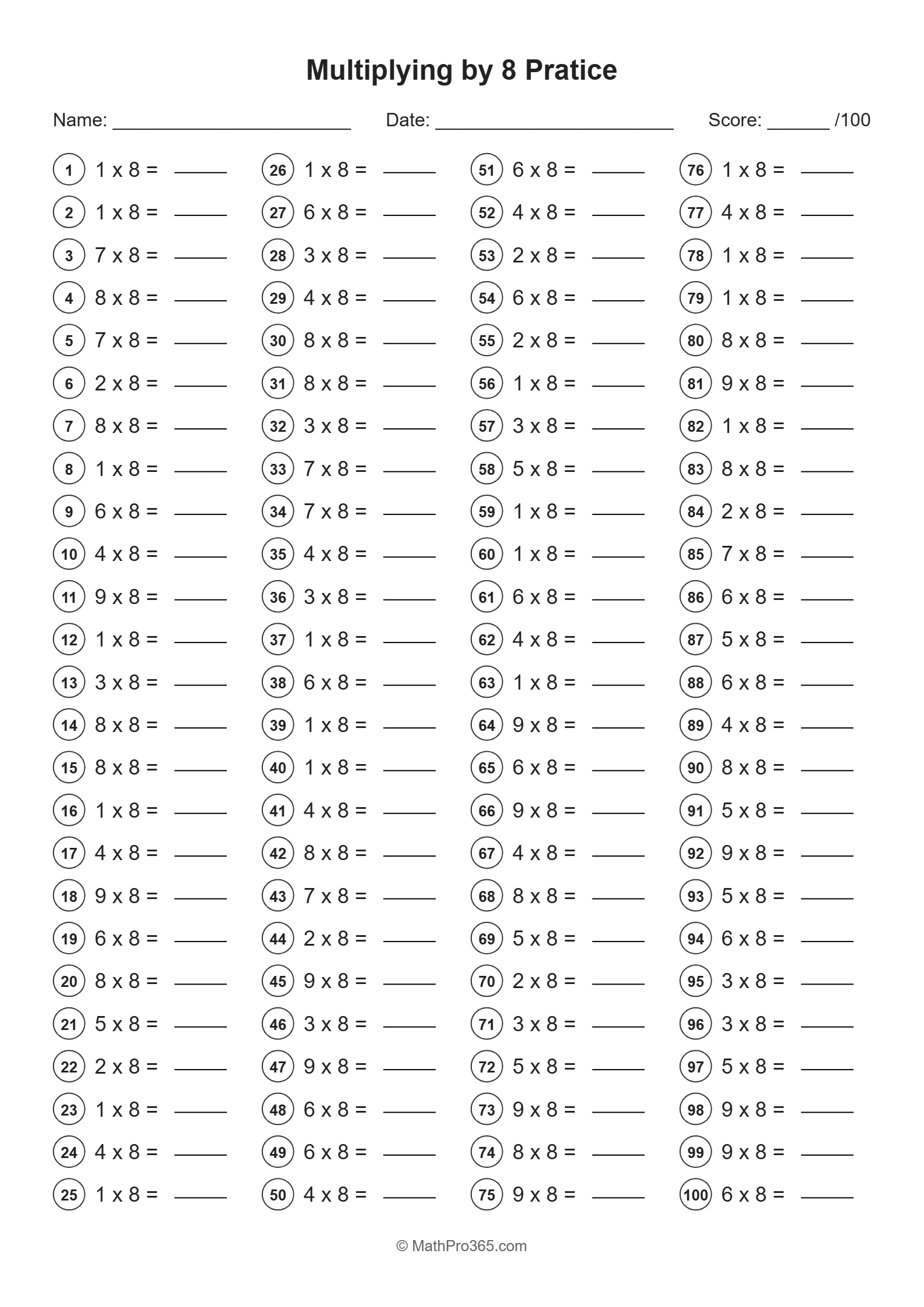 Grade 3 Multiplying by 8 Practice Worksheet - 100 Problems