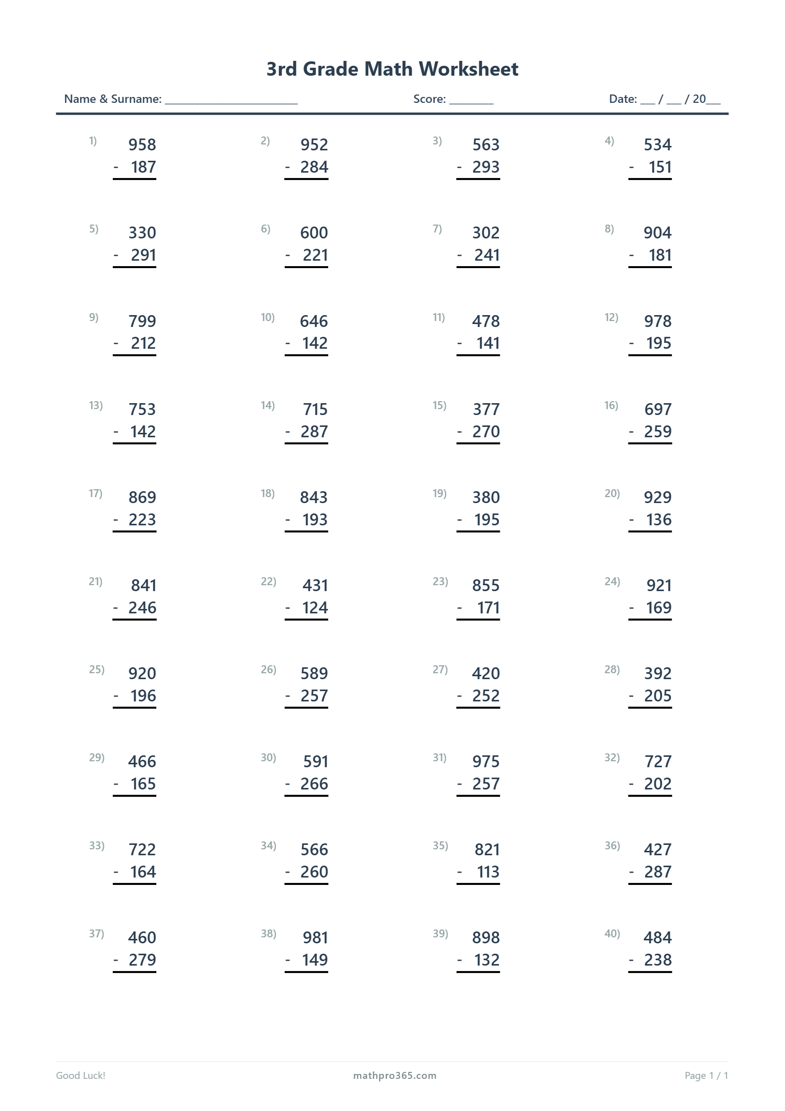 3rd Grade 3-Digit Subtraction Worksheet | mathpro365