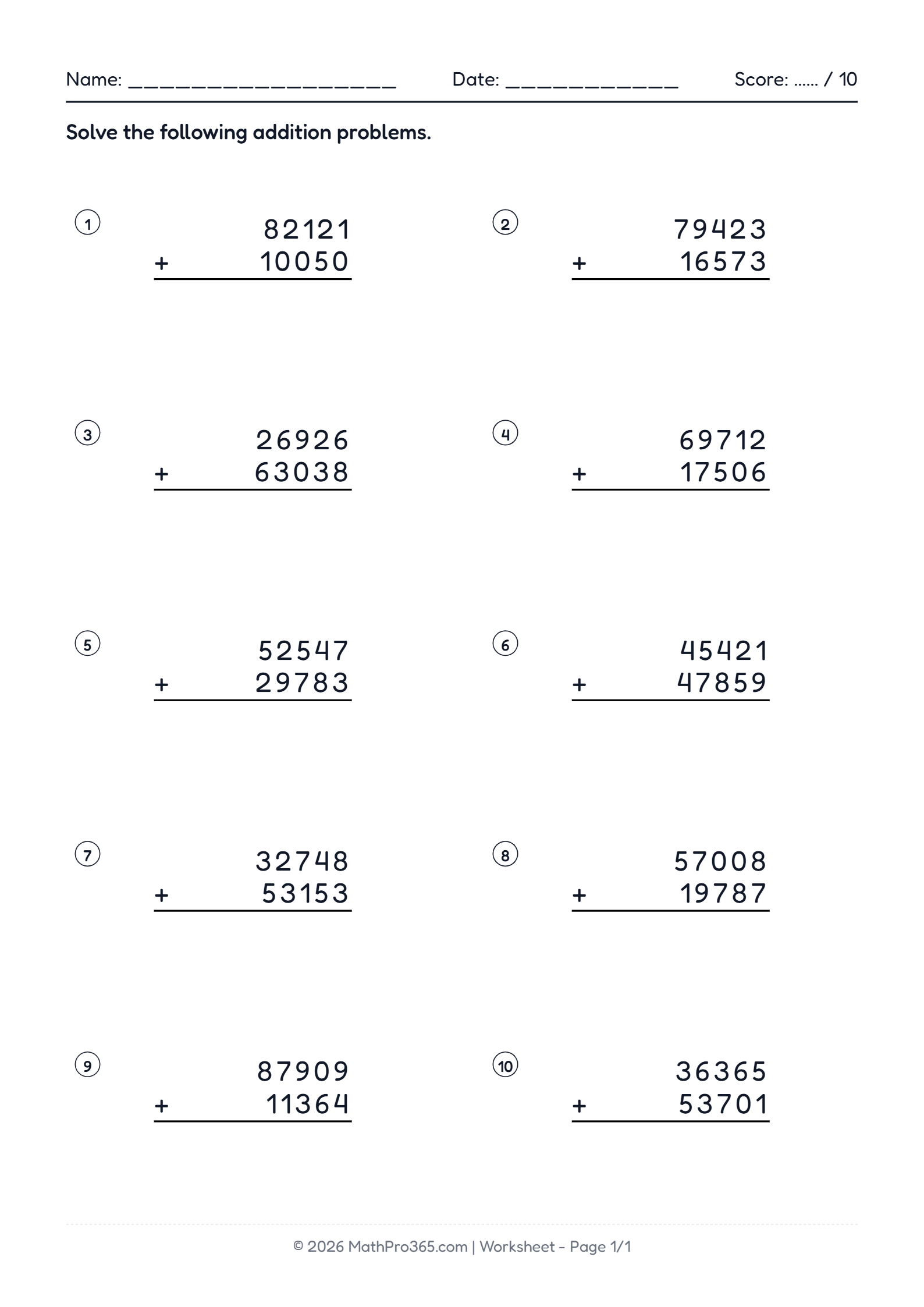 5-Digit Addition Worksheets for Grade 4 Students