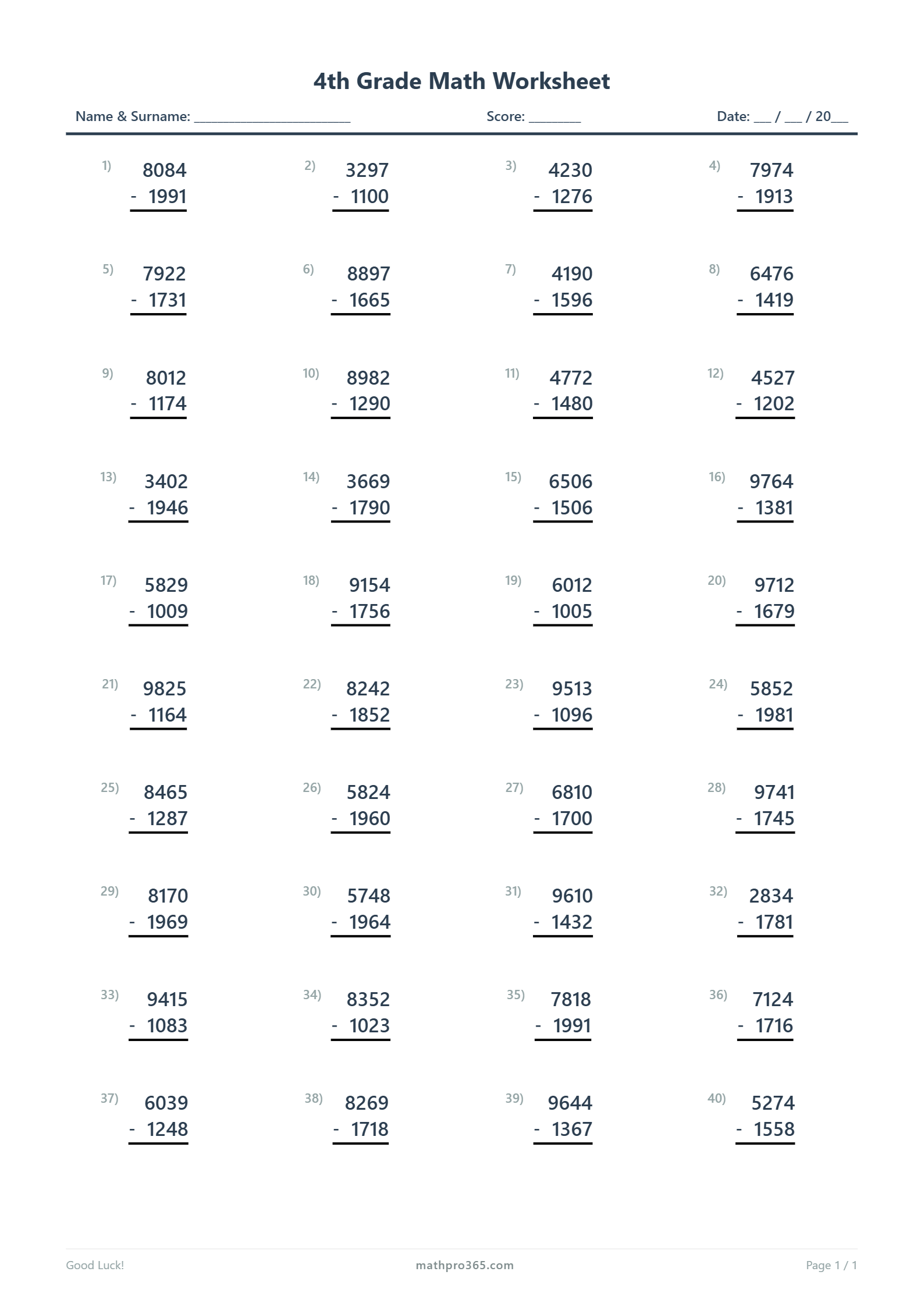 4th Grade 4-Digit Subtraction Worksheet - 40 Problems