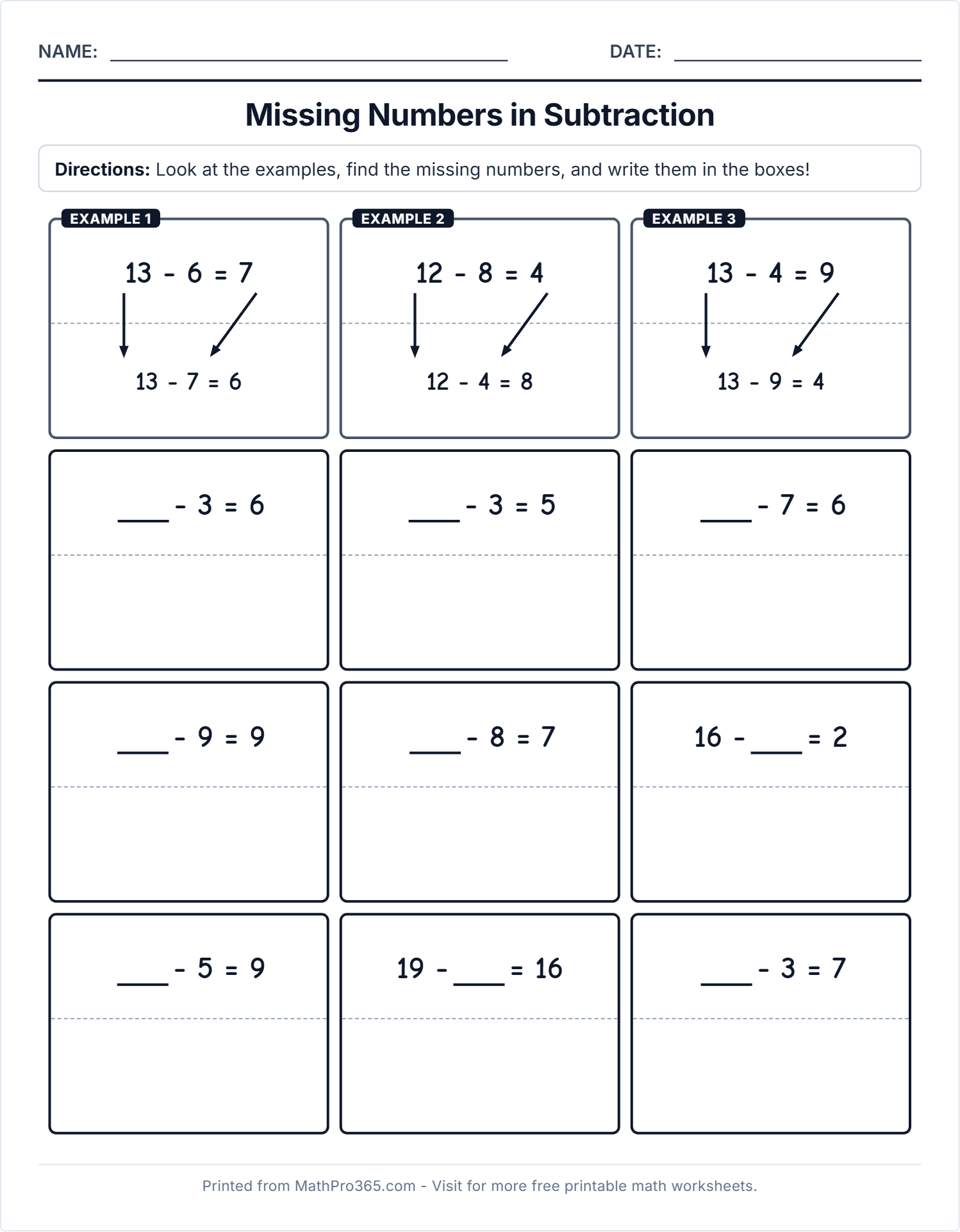 Missing Numbers in Subtraction Worksheet for Grade 1