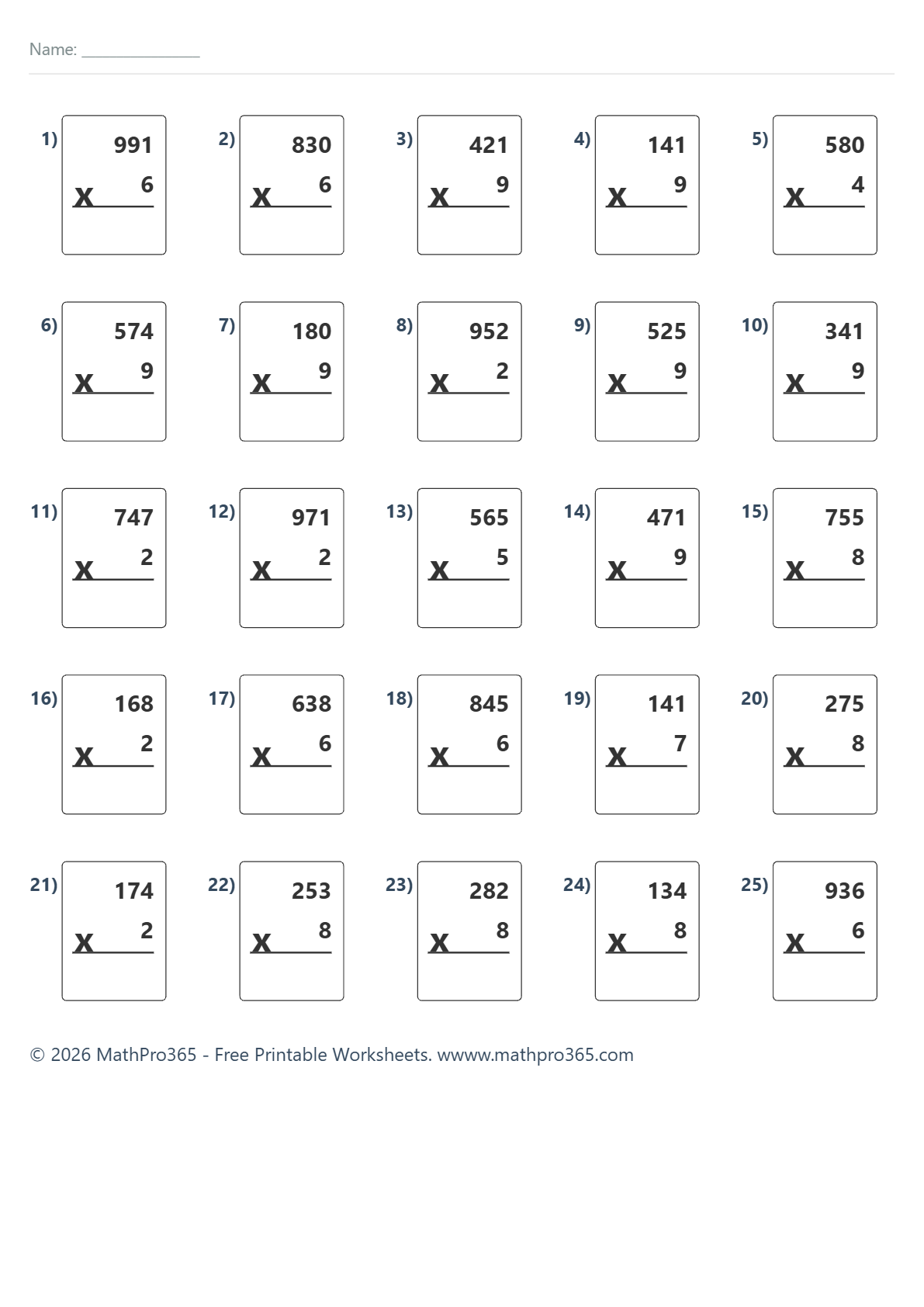 3-Digit by 1-Digit Multiplication Grade 4 Free PDF Worksheet