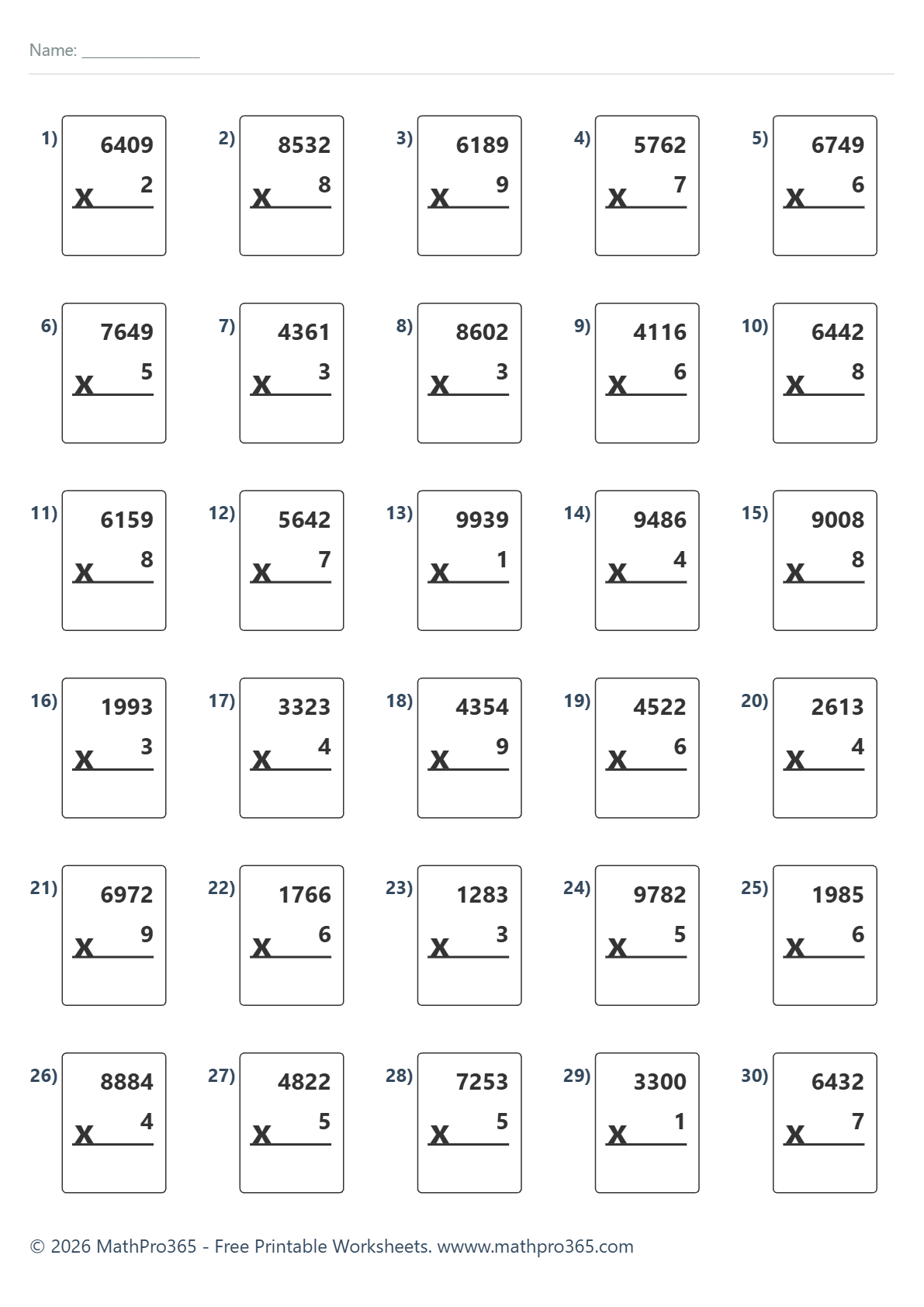 4-Digit by 1-Digit Multiplication Worksheet Grade 3 Free PDF