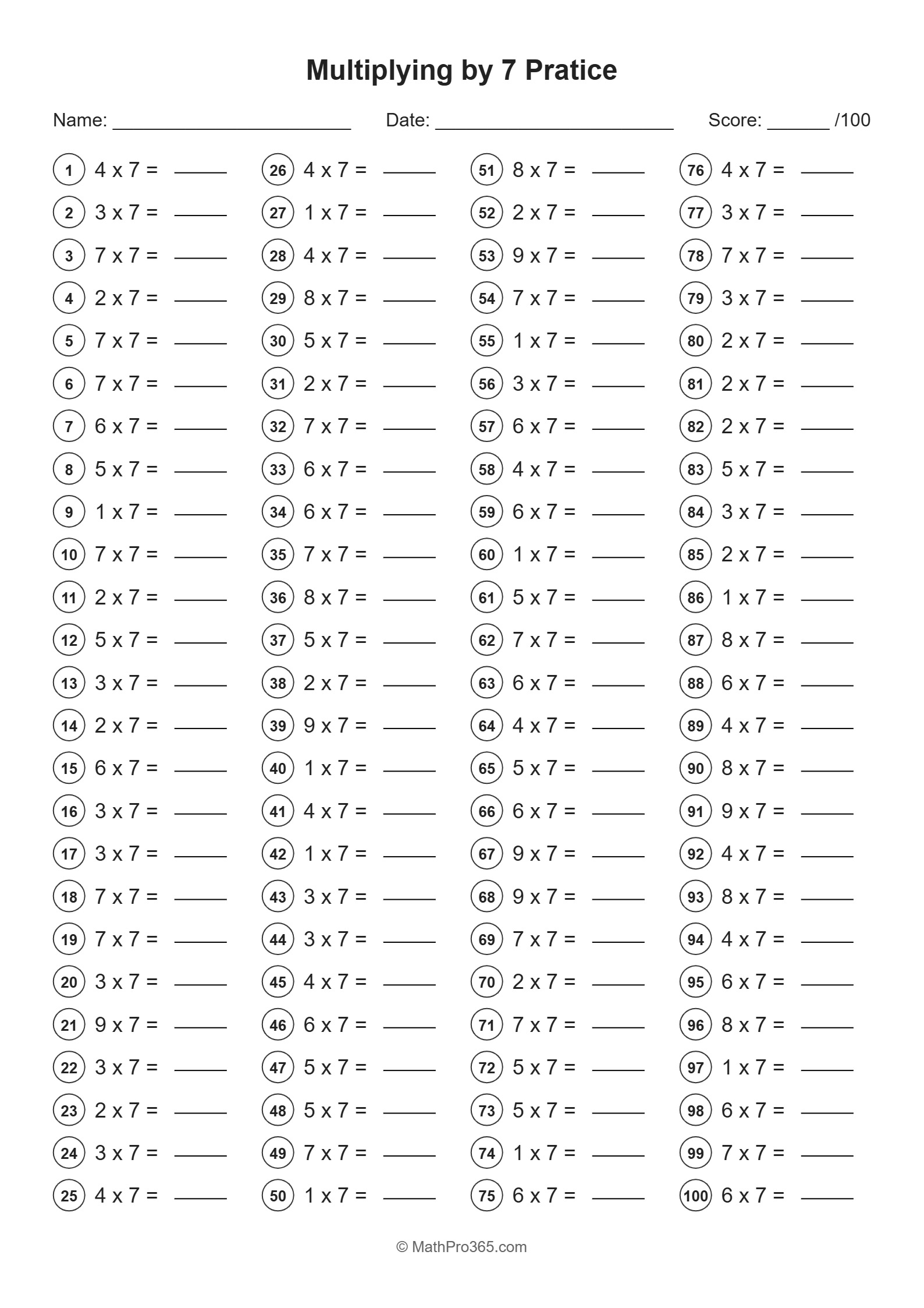 Multiplying by 7 Practice Worksheet | Grade 3 Multiplication