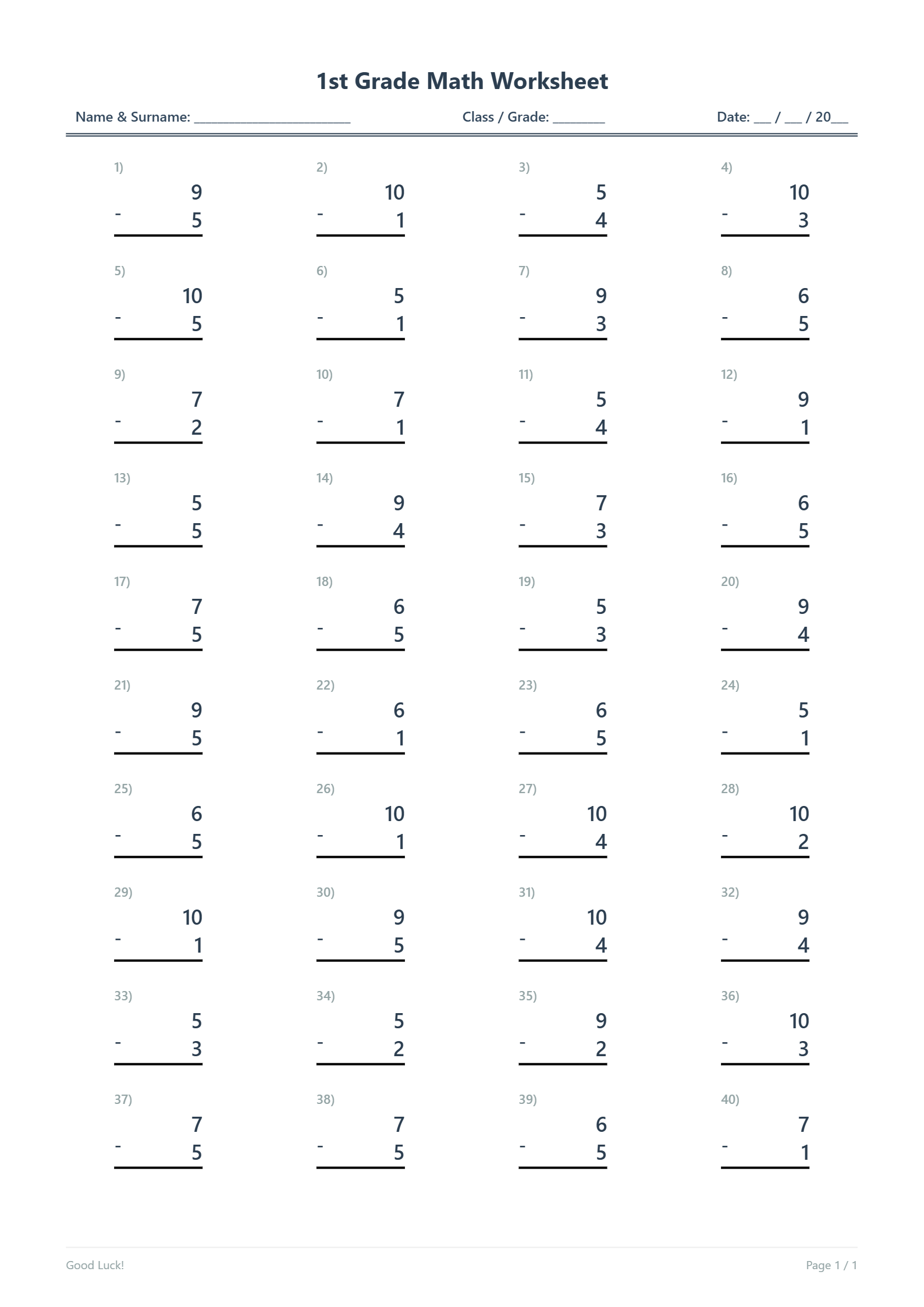 Single-Digit Subtraction Within 10 Worksheet Grade 1 Free PDF