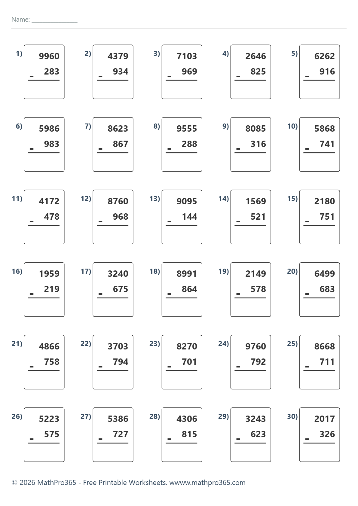 4-Digit Minus 3-Digit Subtraction with Regrouping Grade 3 Free PDF