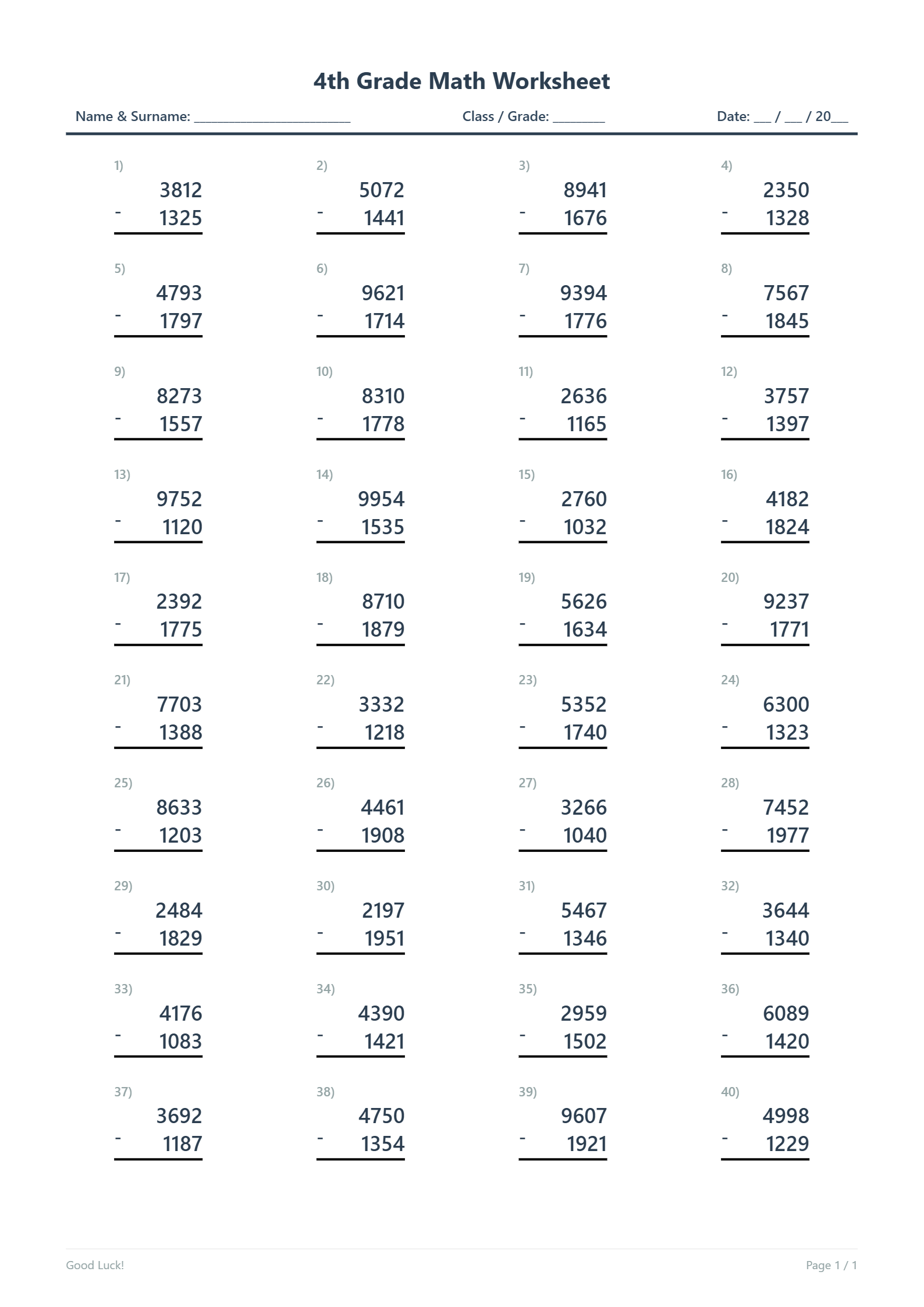 Subtraction 4 Digit With Regrouping Worksheet Grade 4 Free PDF