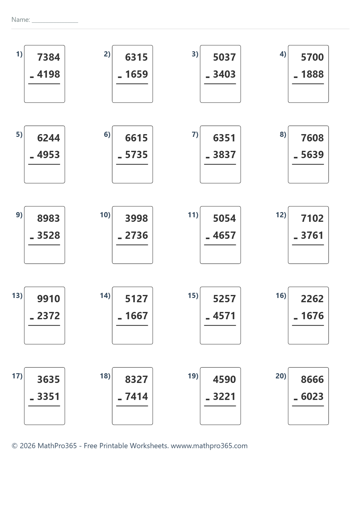 4-Digit Subtraction with Regrouping Worksheet Grade 3 Free PDF