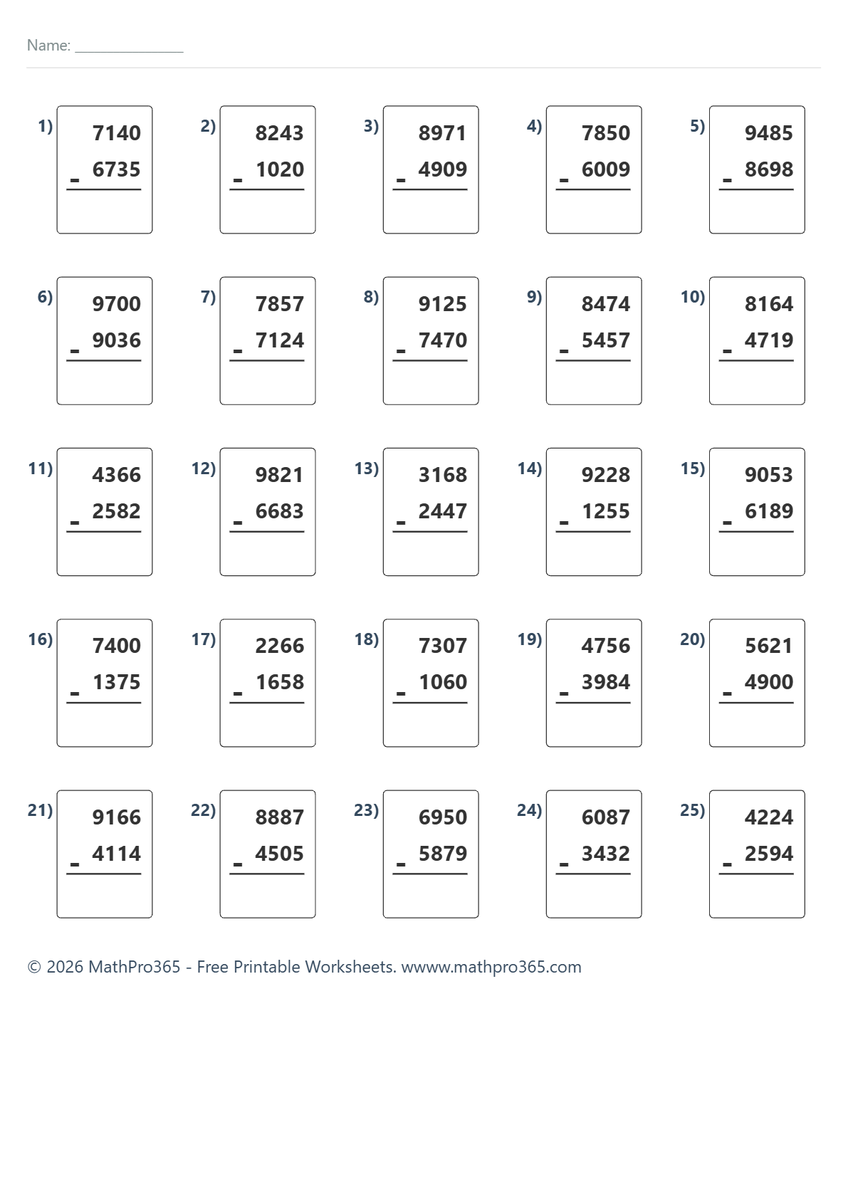 4-Digit Subtraction with Regrouping Grade 4 Free PDF Worksheet