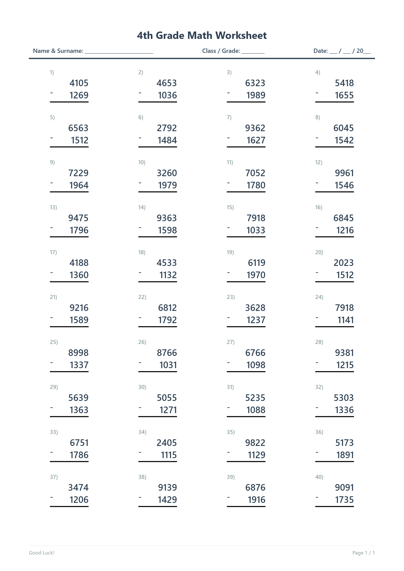 4th Grade 4-Digit Subtraction with Regrouping Worksheet – Free PDF