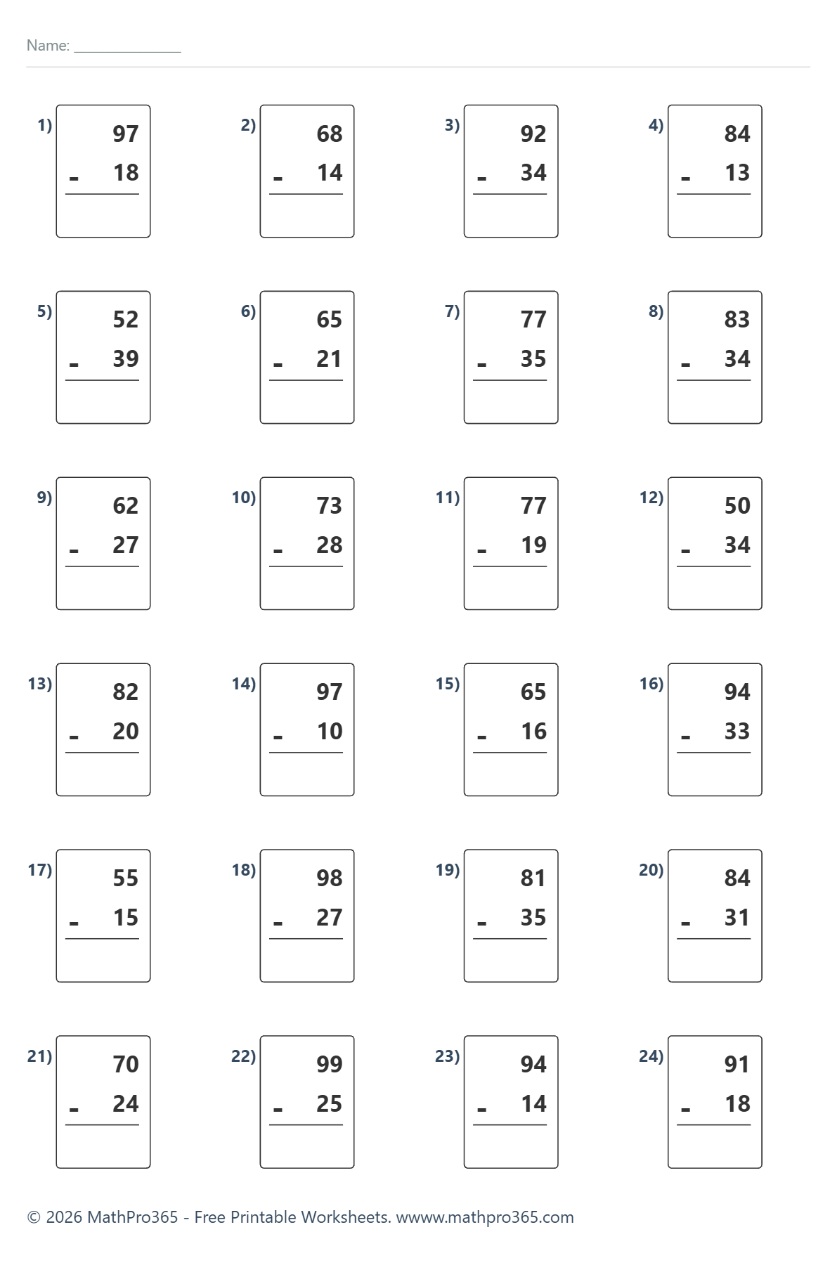 Two Digit Subtraction Without Regrouping Worksheets Grade 2 Free PDF