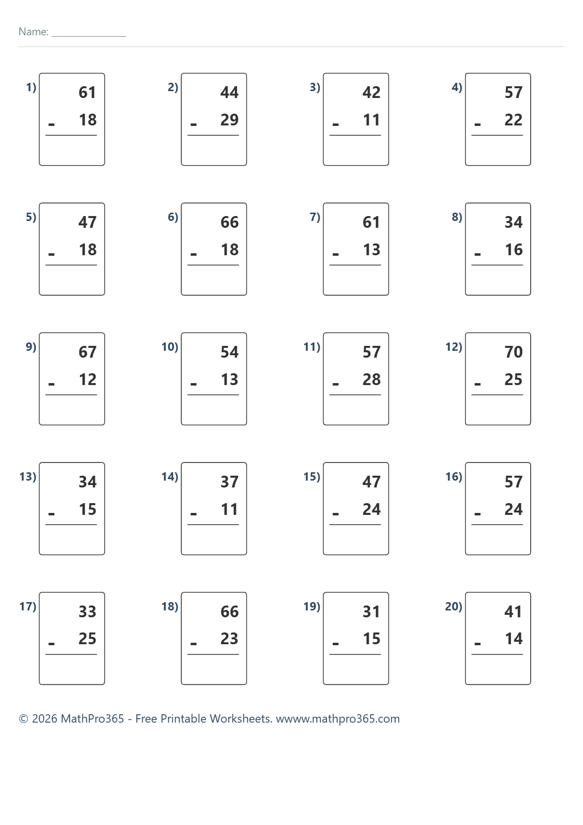 Subtraction Within 100 Basic Worksheet Grade 2 Free PDF