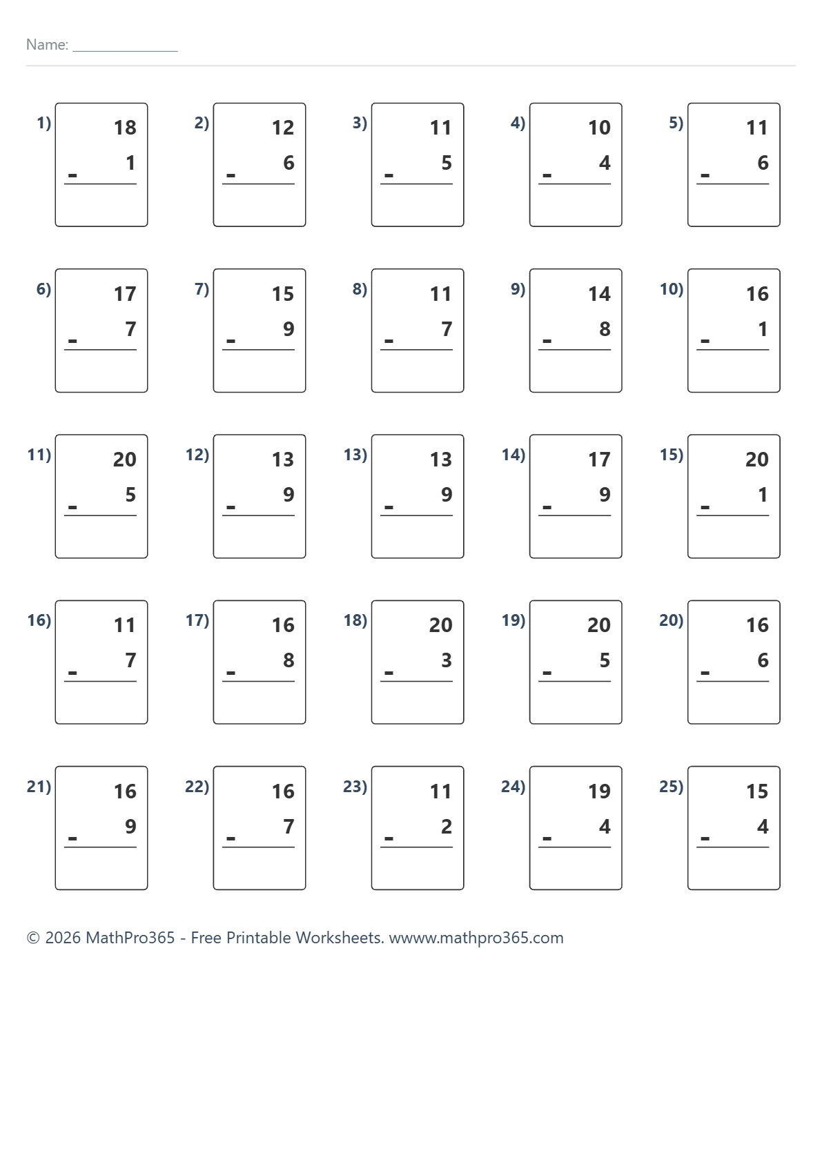 Subtraction Within 20 Worksheets (Grade 1) – Free PDF