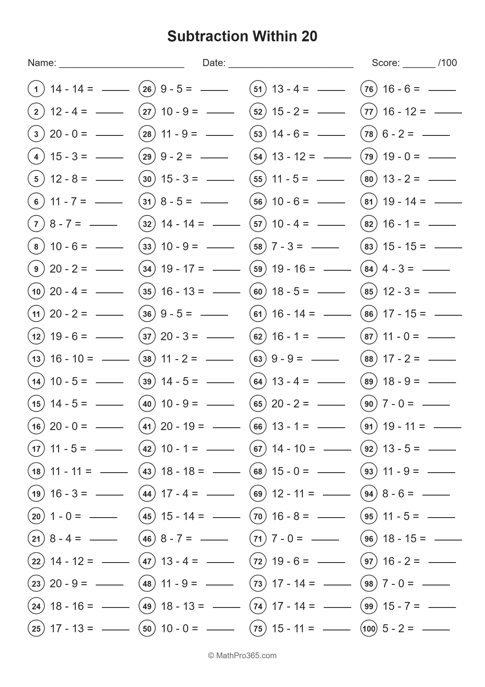 Subtraction Within 20 Grade 1 Free PDF