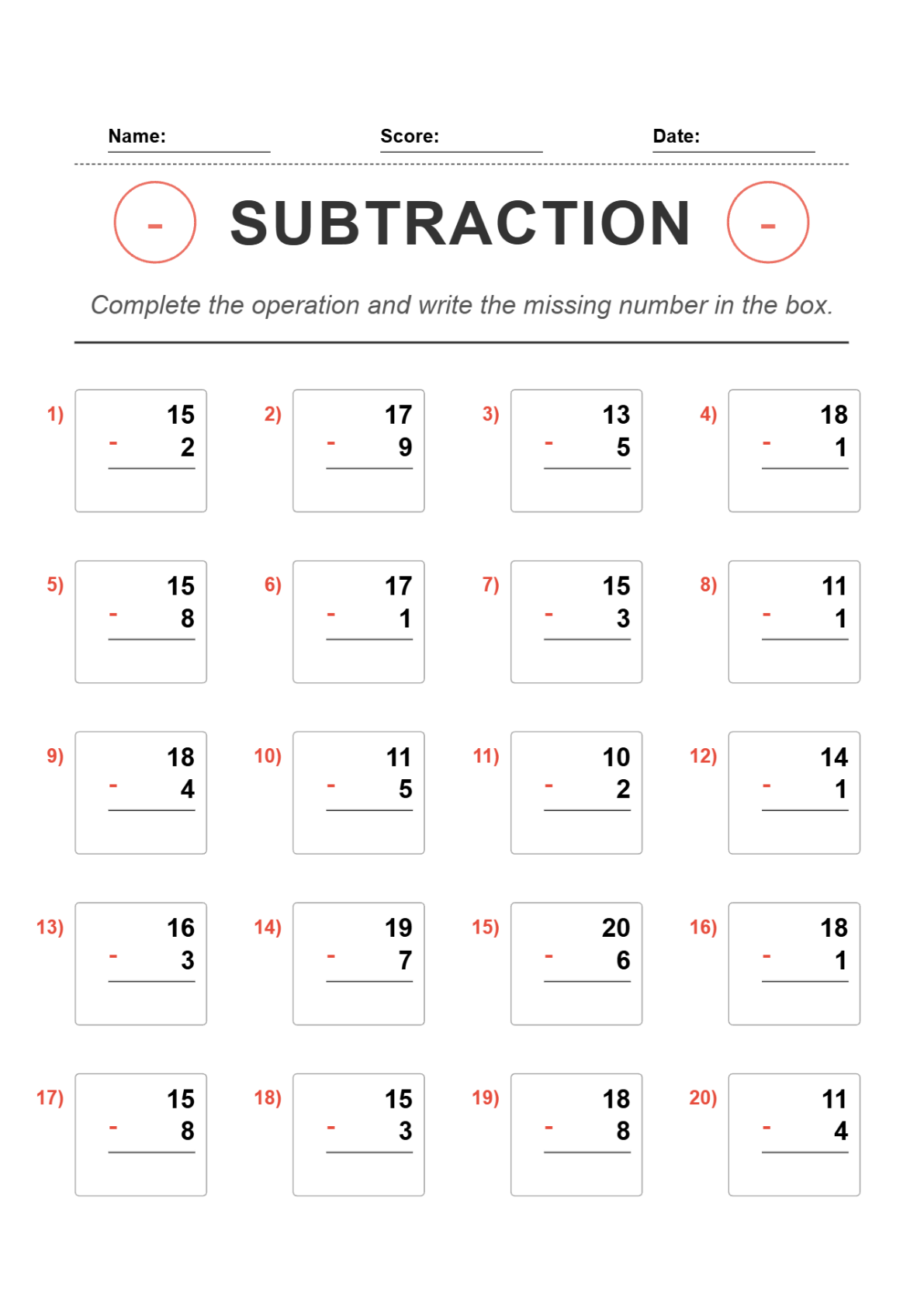 Subtraction Within 20 Worksheets (Grade 1) – Free Printable PDF