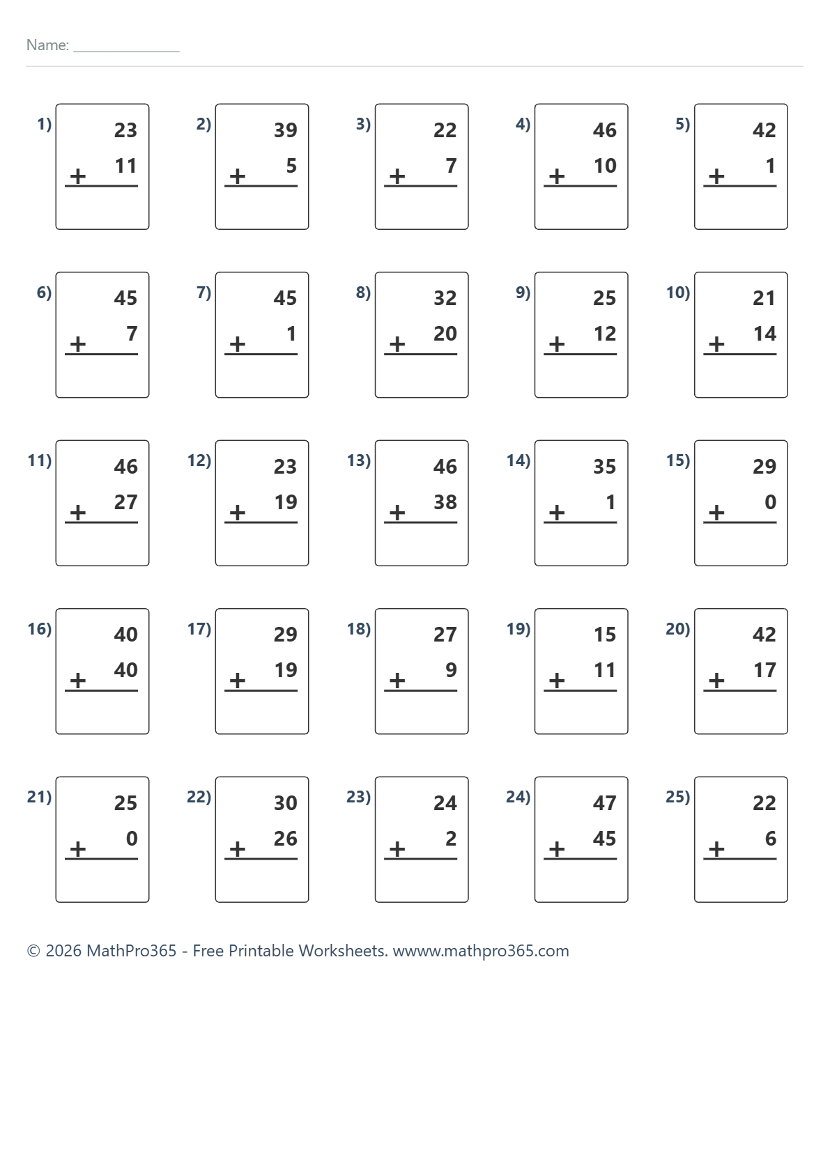 Two-Digit Addition Worksheet (25 Problems)