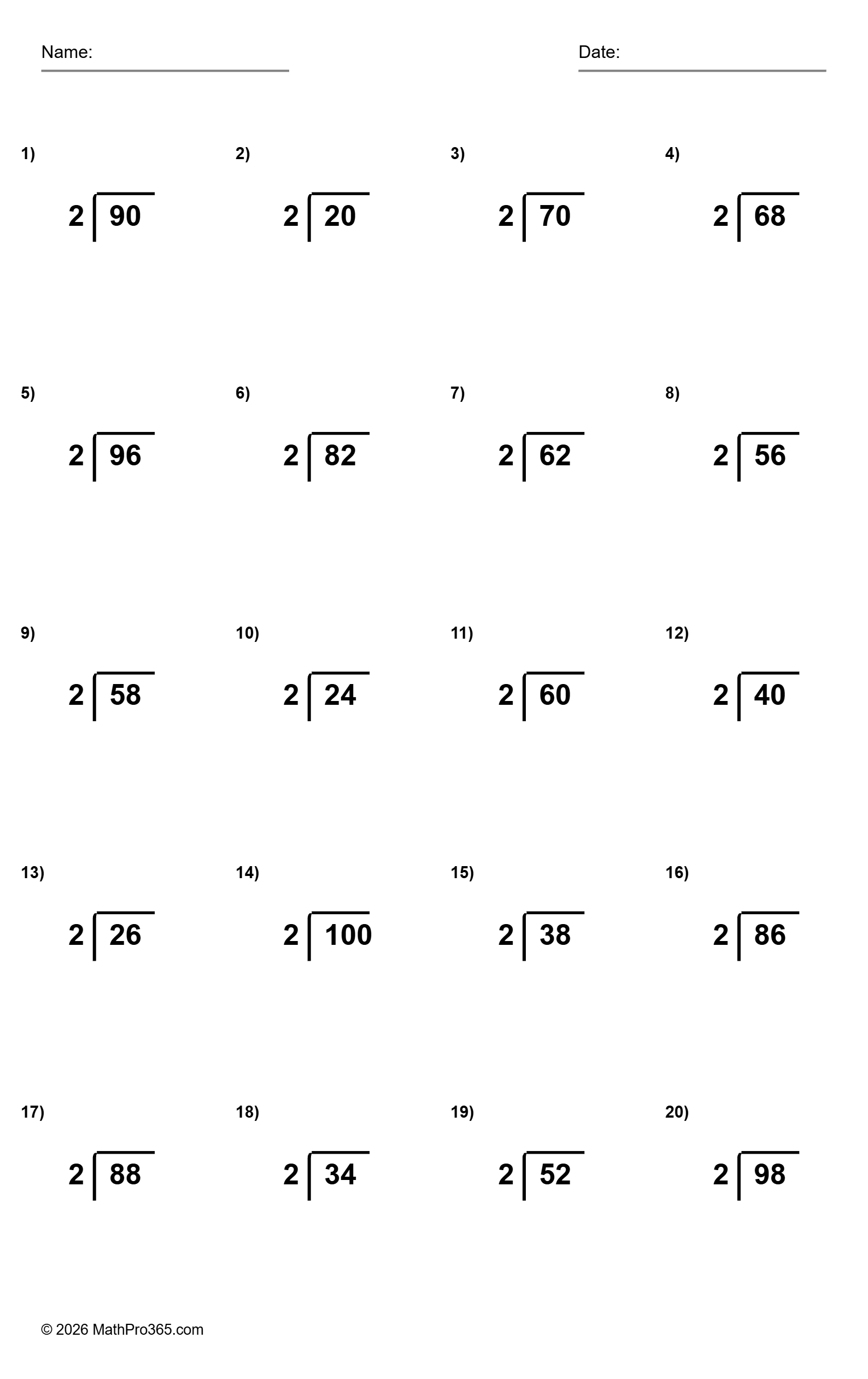Two Digit Division by 2 Worksheet Grade 2 Free PDF